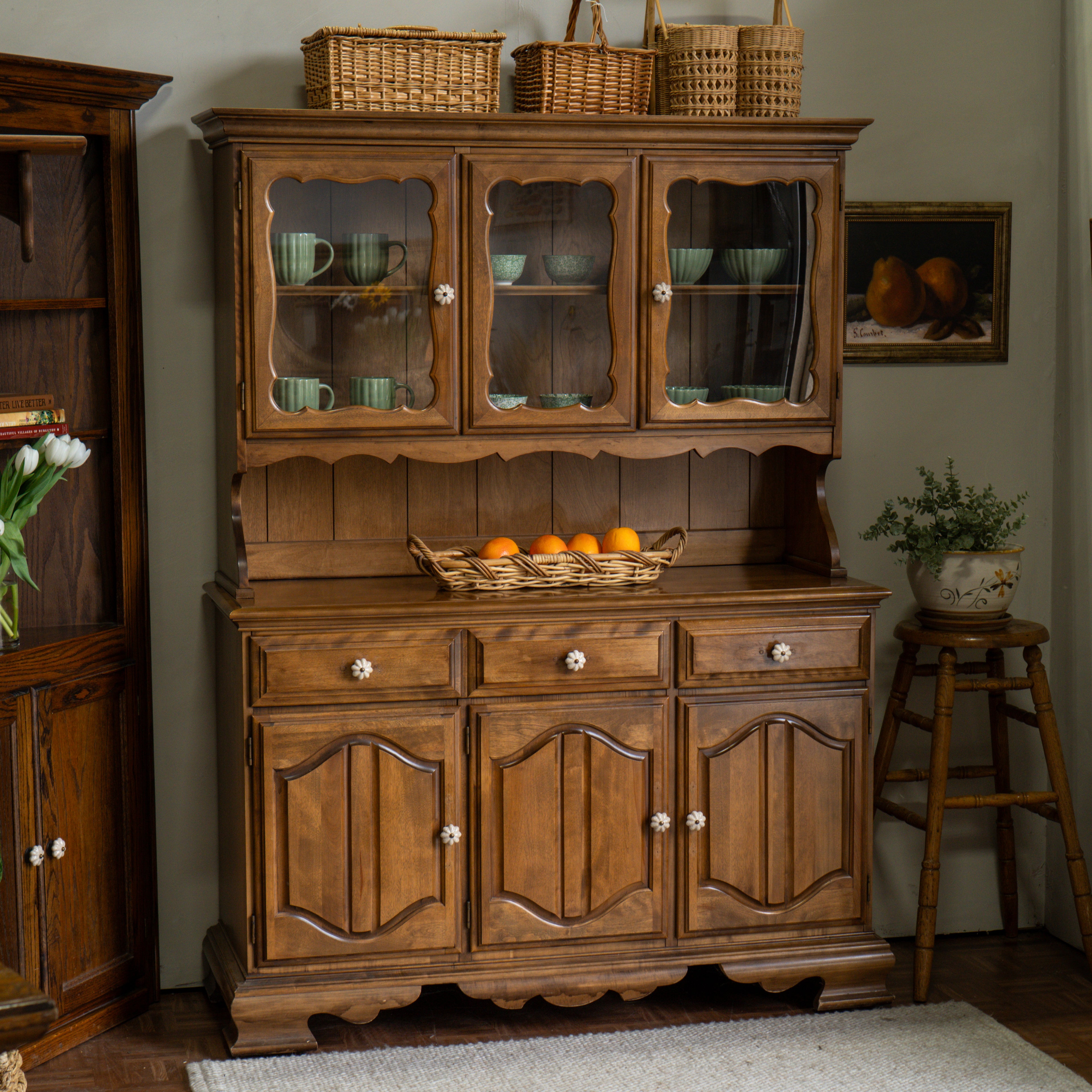 Vintage Honey Oak Hutch | Ethan Allen Style | New Floral Cabochon Knobs | 2-Piece