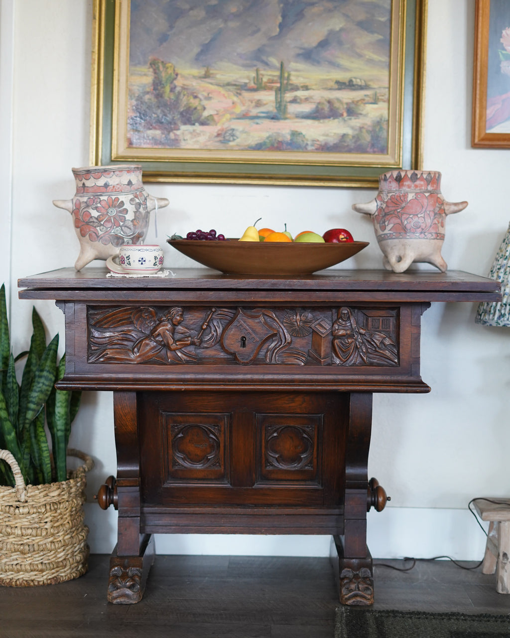 Antique Carved Gothic Revival Draw-Leaf Table
