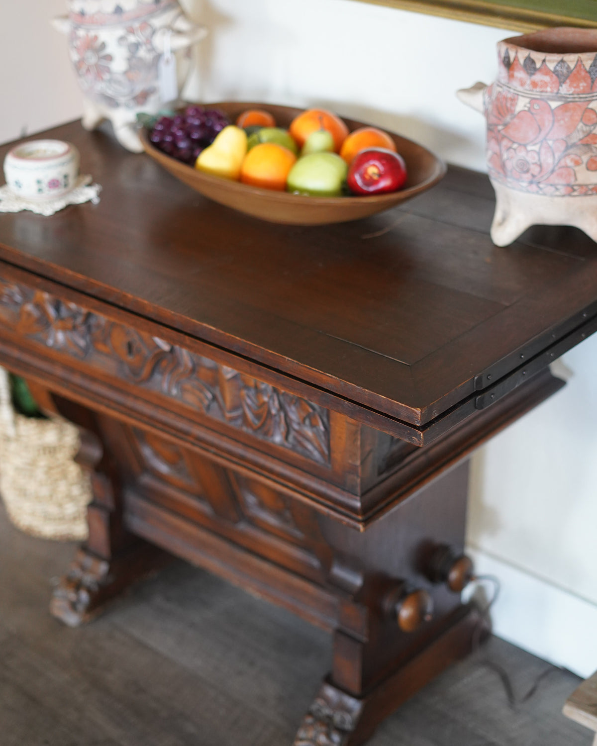 Antique Carved Gothic Revival Draw-Leaf Table