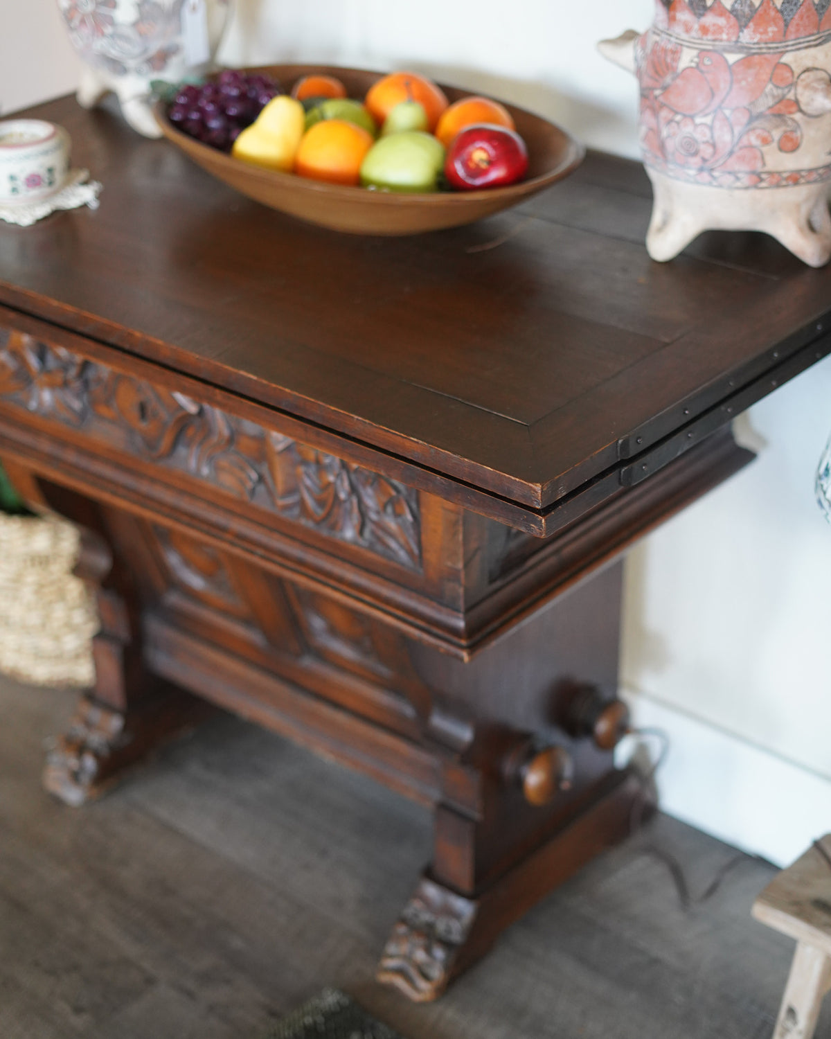 Antique Carved Gothic Revival Draw-Leaf Table