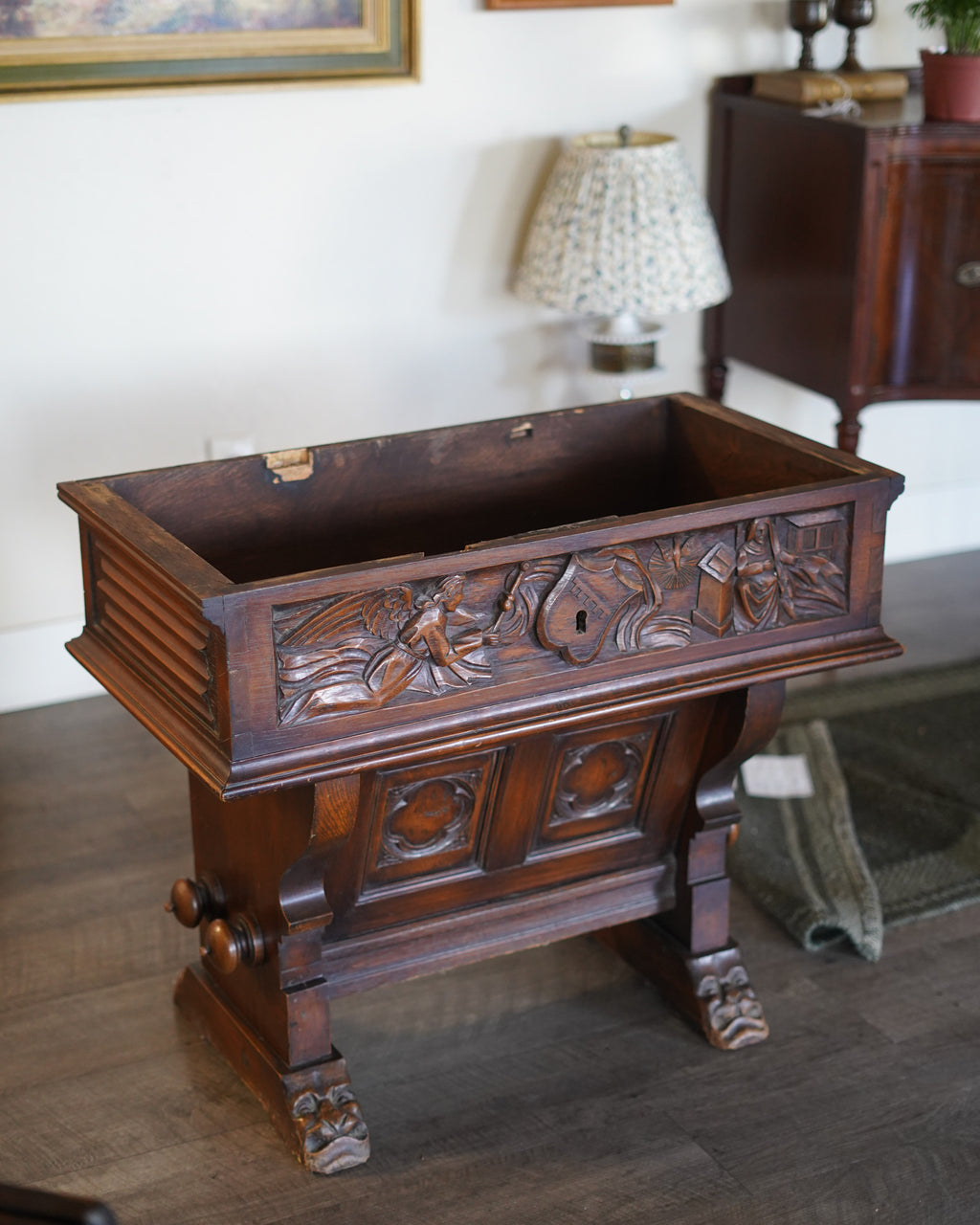 Antique Carved Gothic Revival Draw-Leaf Table