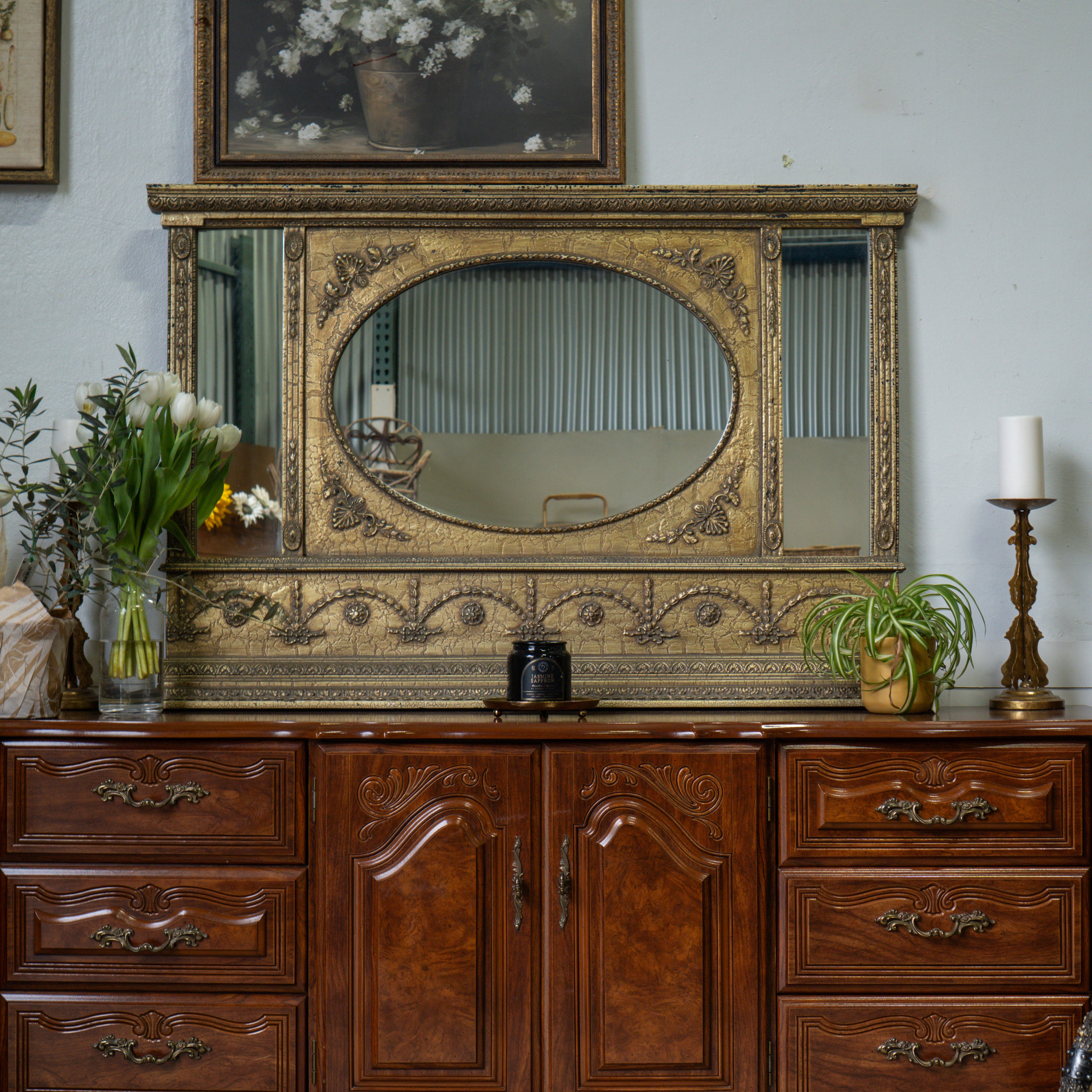 Vintage Windsor Art Decorative Wall Mirror | Gold Ornate Frame | Oval Center | Made in California