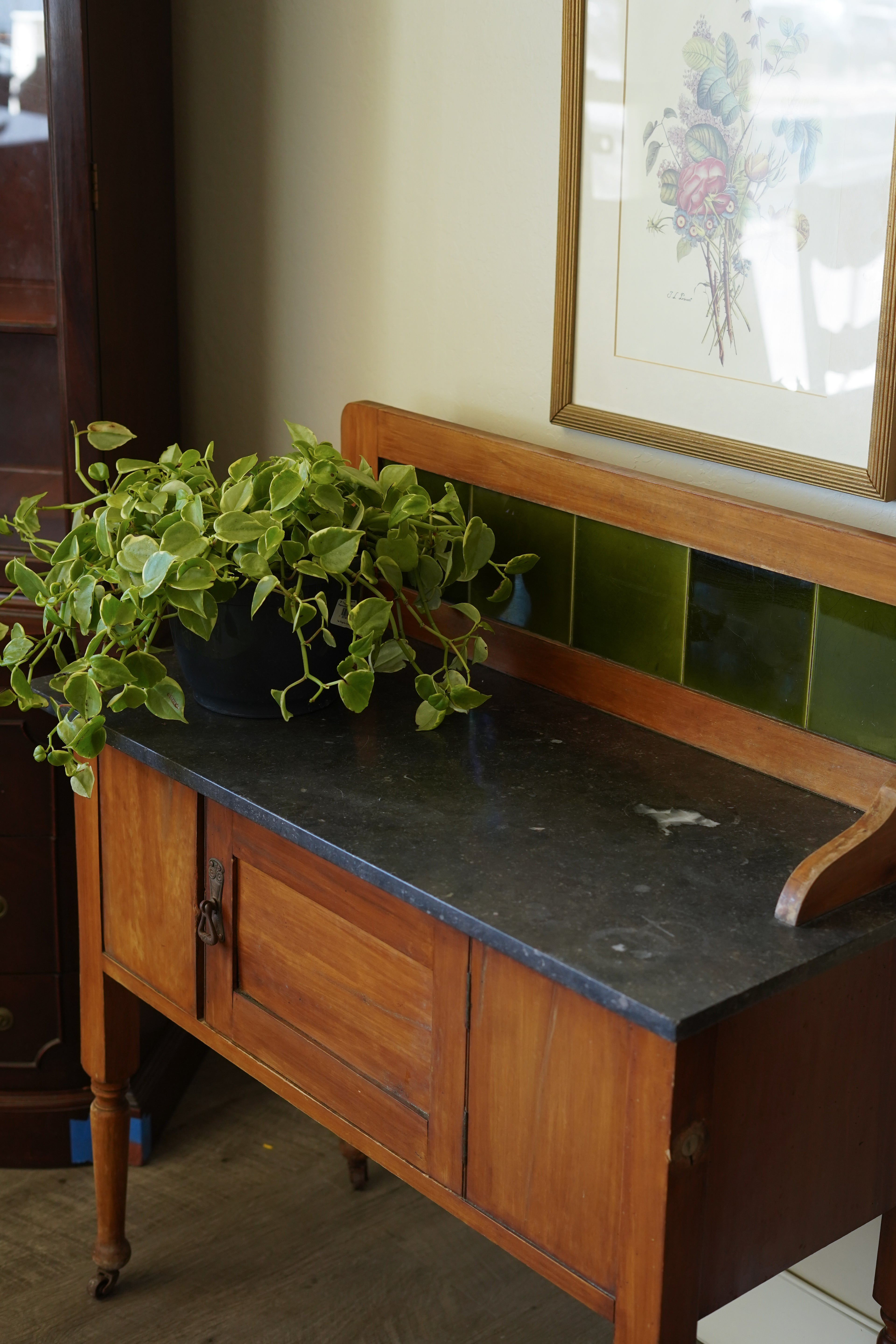 Antique Washstand Marble Top Green Tile Backsplash Castors