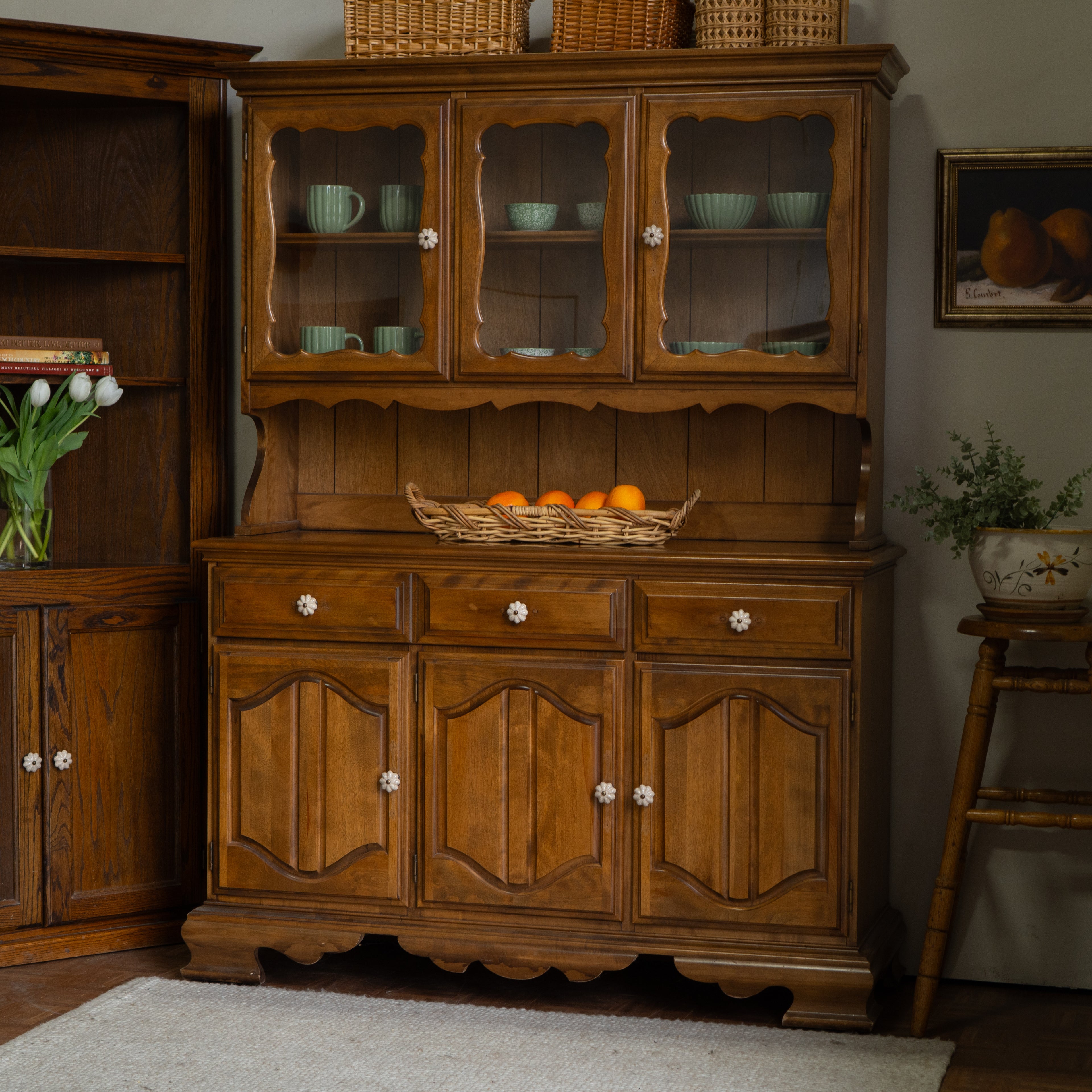 Vintage Honey Oak Hutch | Ethan Allen Style | New Floral Cabochon Knobs | 2-Piece