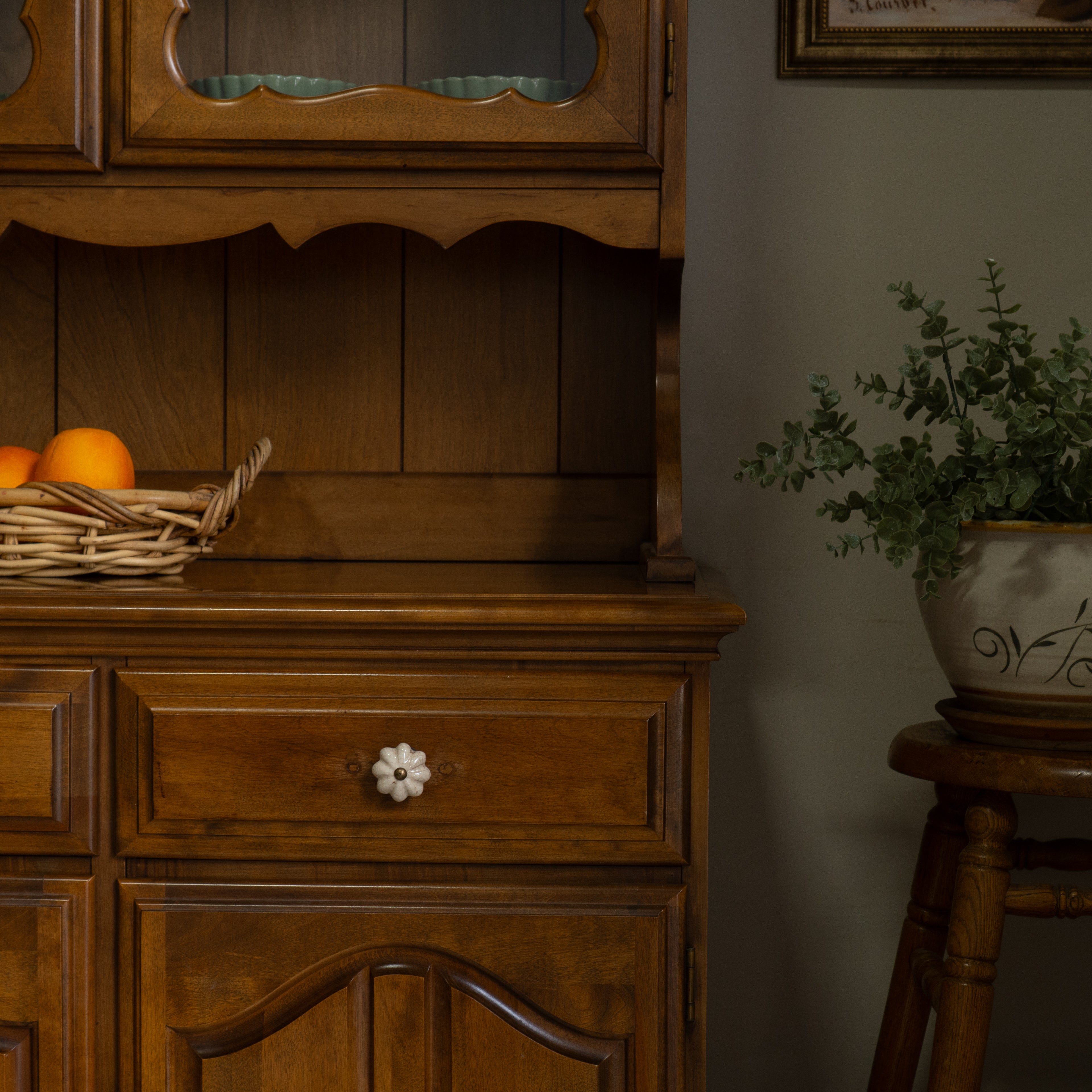 Vintage Honey Oak Hutch | Ethan Allen Style | New Floral Cabochon Knobs | 2-Piece