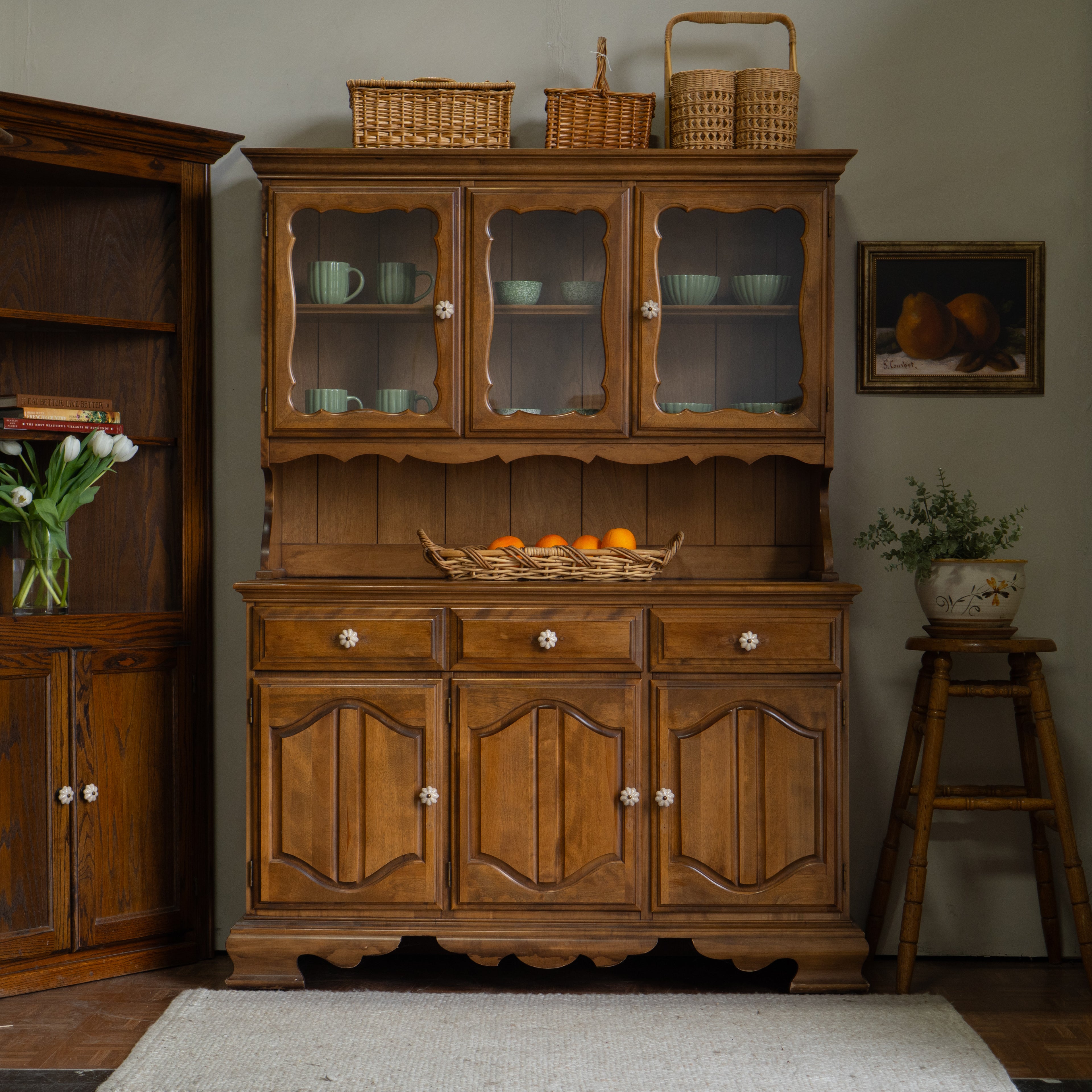 Vintage Honey Oak Hutch | Ethan Allen Style | New Floral Cabochon Knobs | 2-Piece