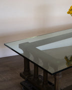 Vintage MCM Glass Coffee Table – Green Wood Base, Low Profile