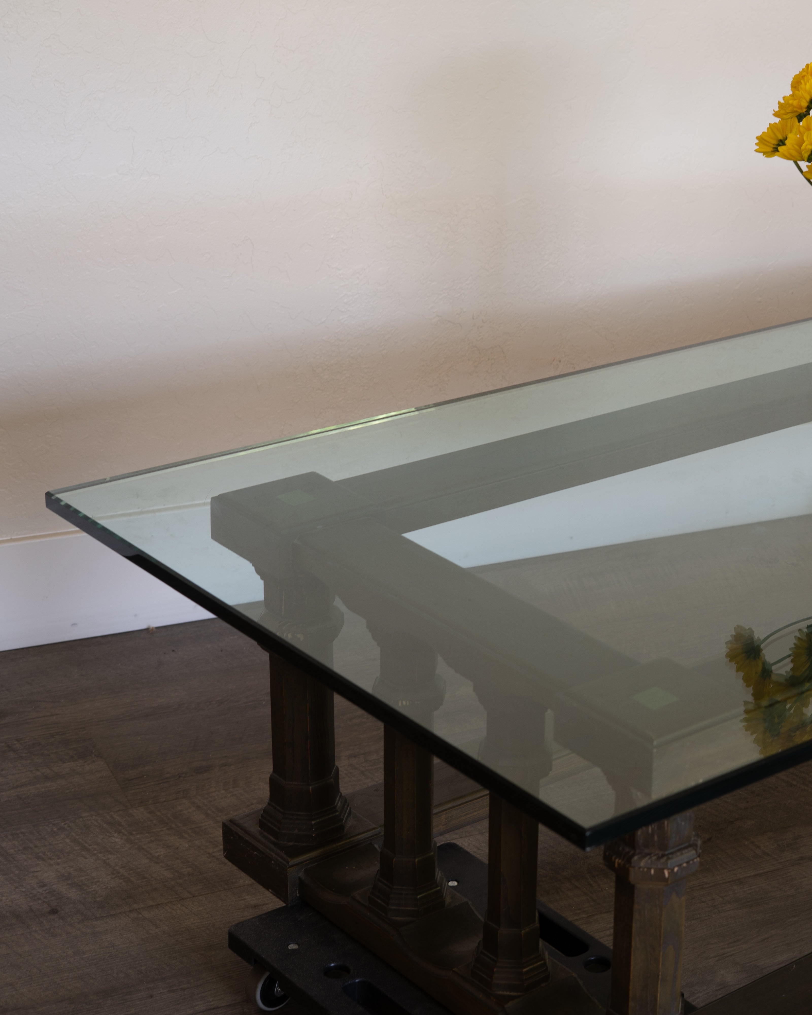 Vintage MCM Glass Coffee Table – Green Wood Base, Low Profile
