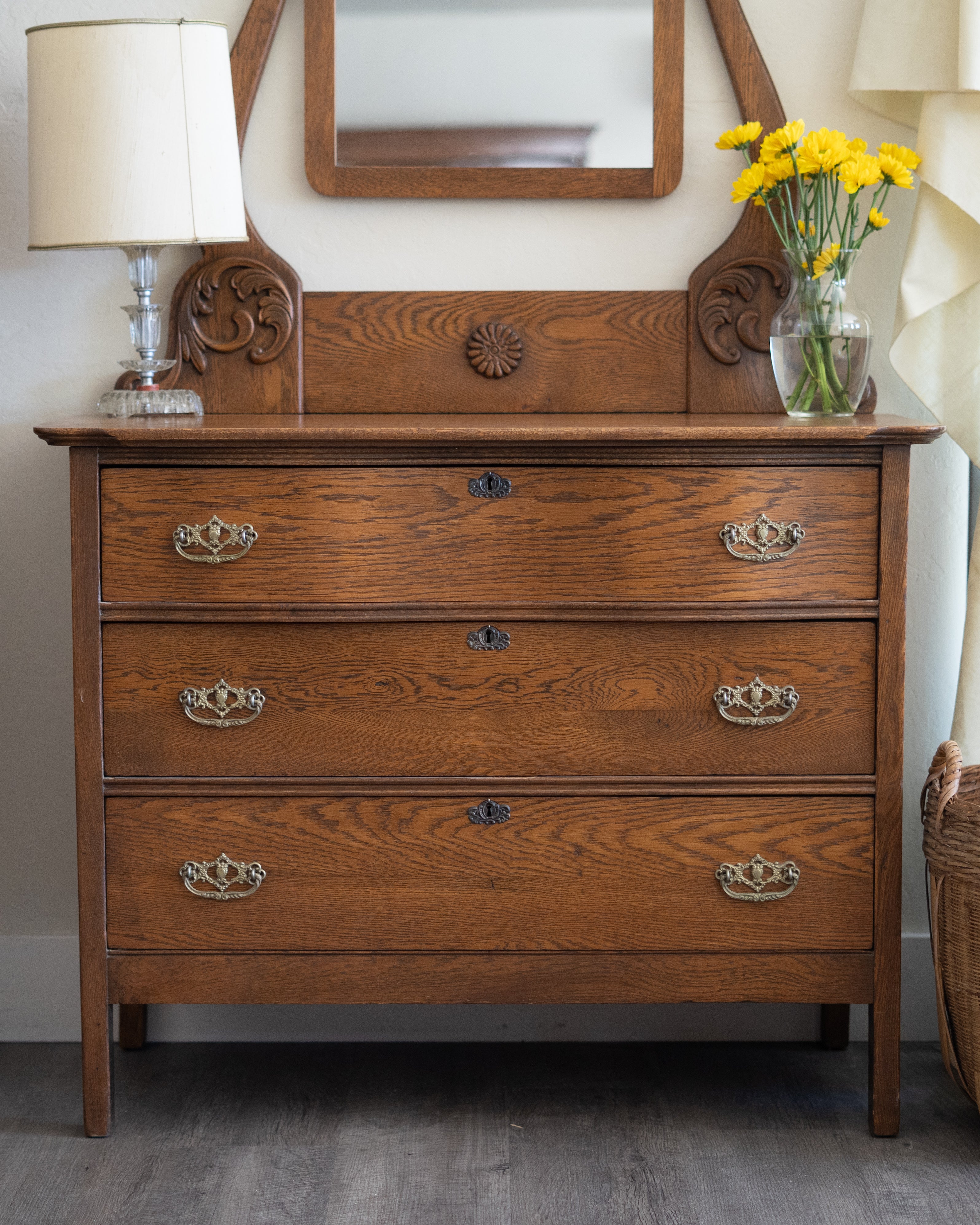 Antique Oak Three-Drawer Dresser with Original Mirror | c. 1900