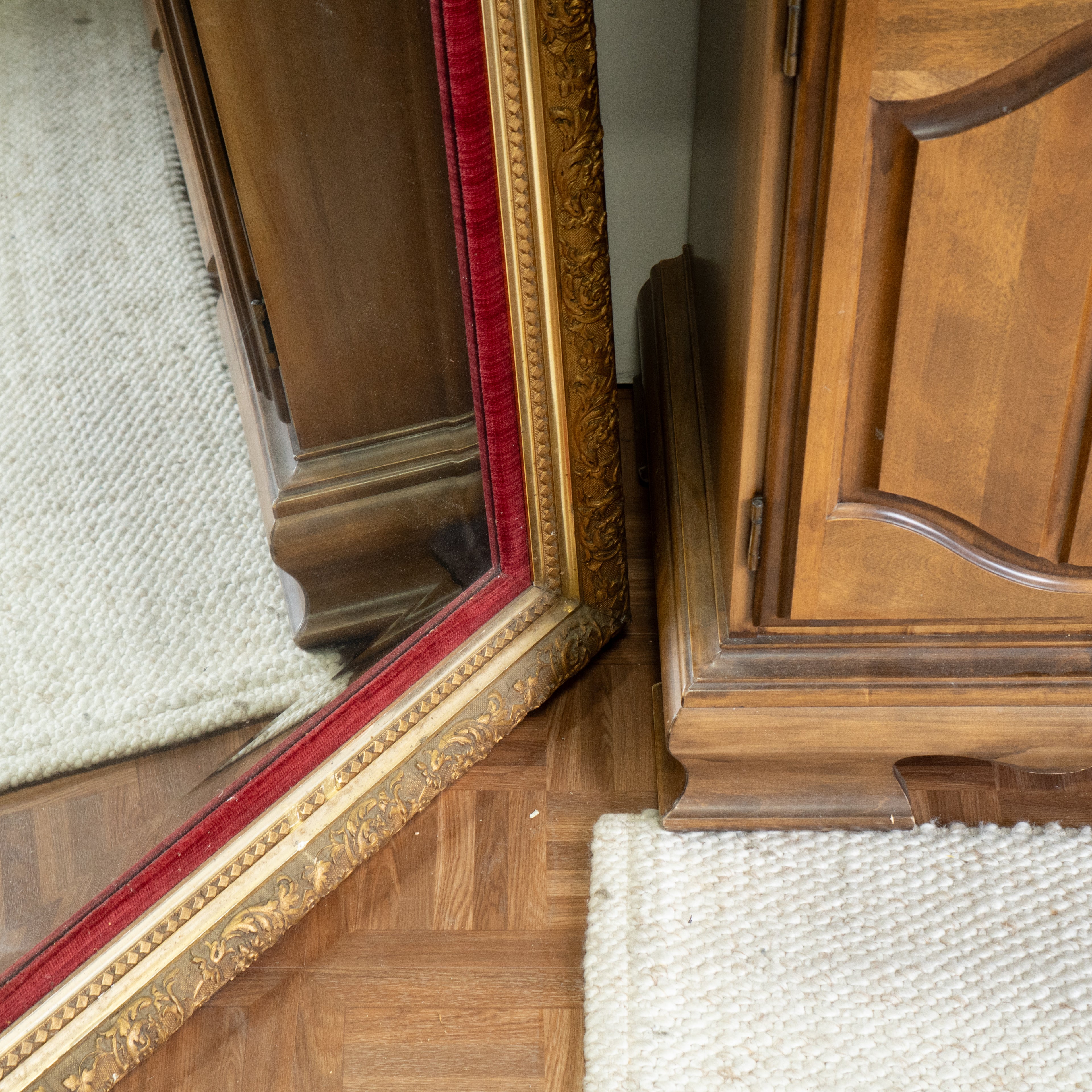 Vintage Gold Gilded Full-Body Mirror | Red Velvet Frame | Hollywood Regency Glam Decor