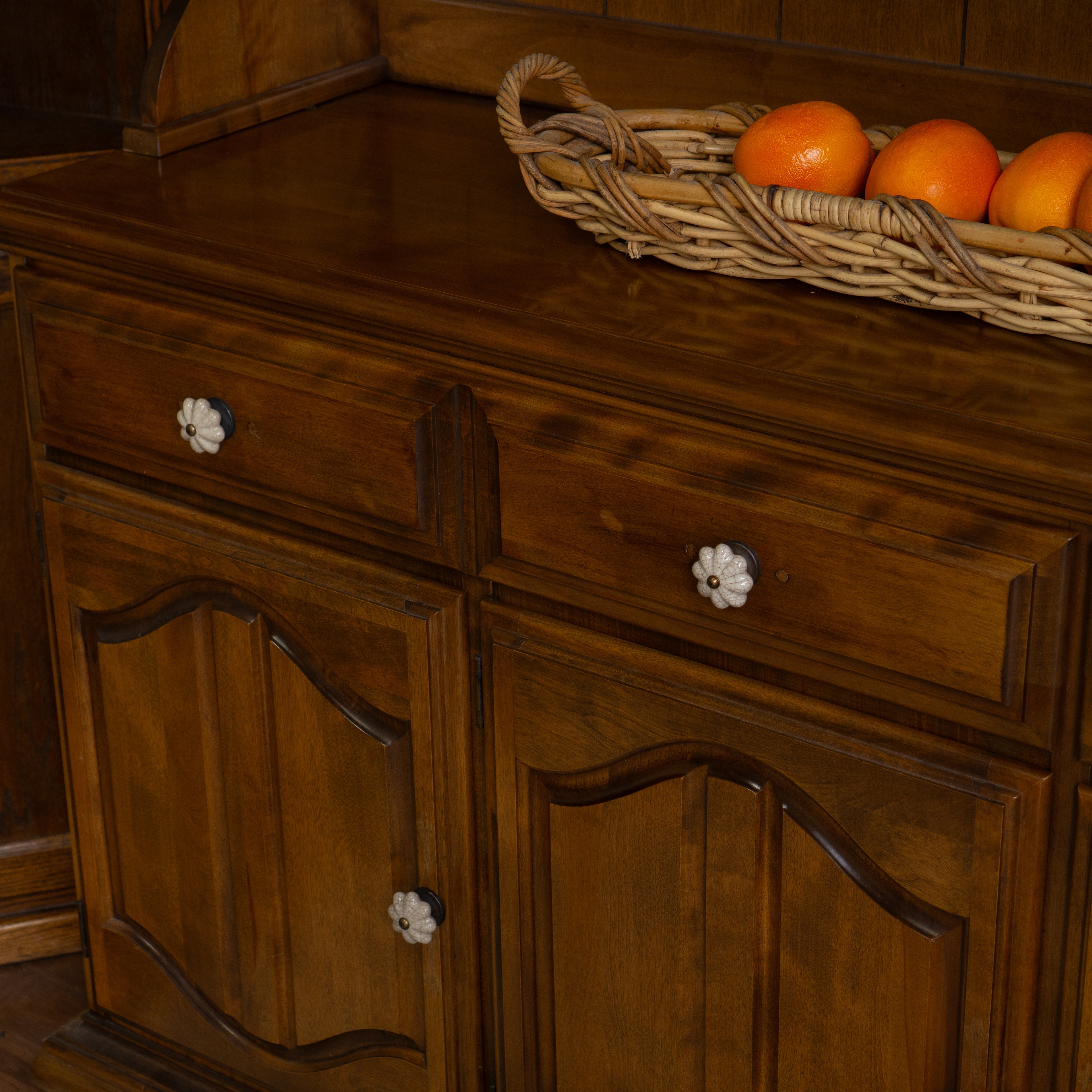 Vintage Honey Oak Hutch | Ethan Allen Style | New Floral Cabochon Knobs | 2-Piece