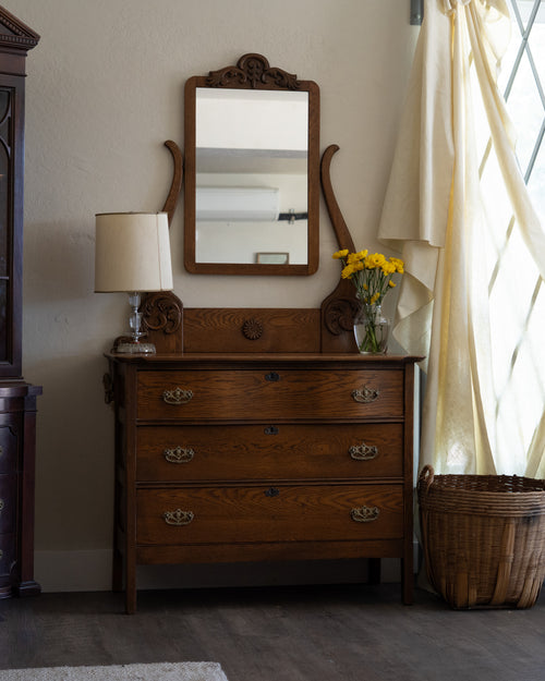 Antique Oak Three-Drawer Dresser with Original Mirror | c. 1900