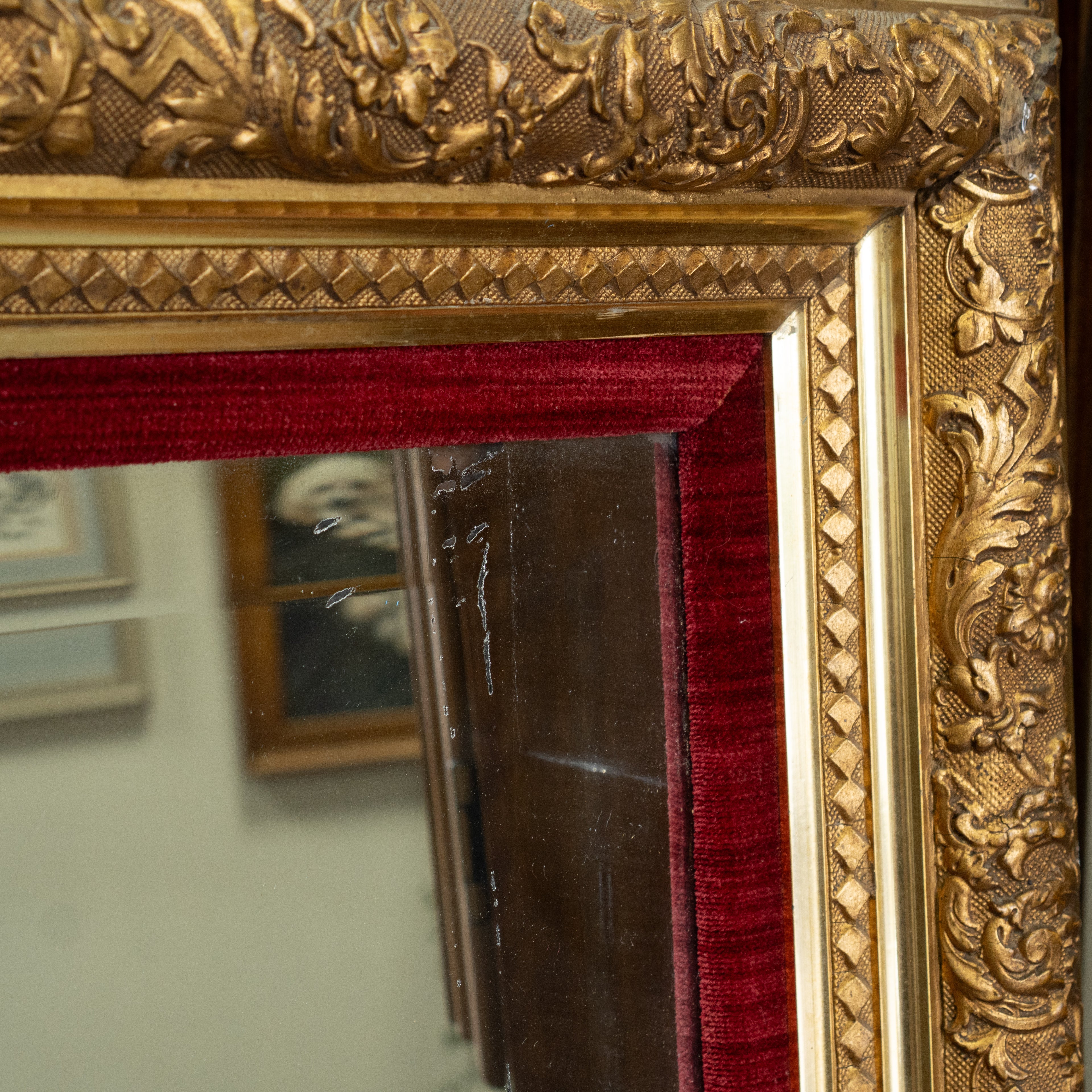 Vintage Gold Gilded Full-Body Mirror | Red Velvet Frame | Hollywood Regency Glam Decor