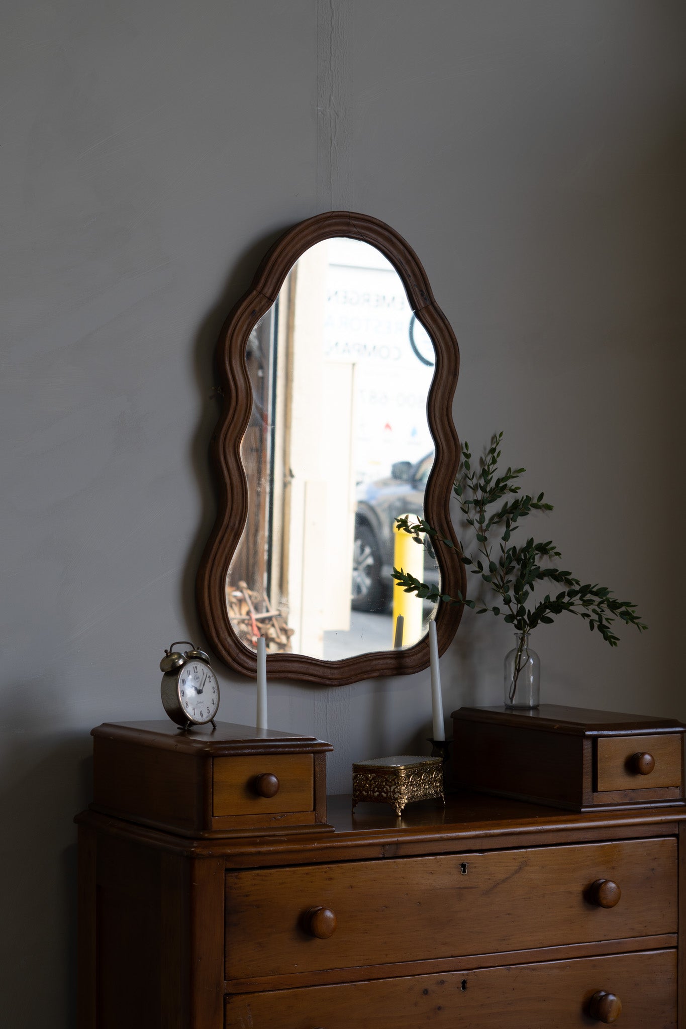 Antique Curvy/Wavy Mirror- Minor wood split