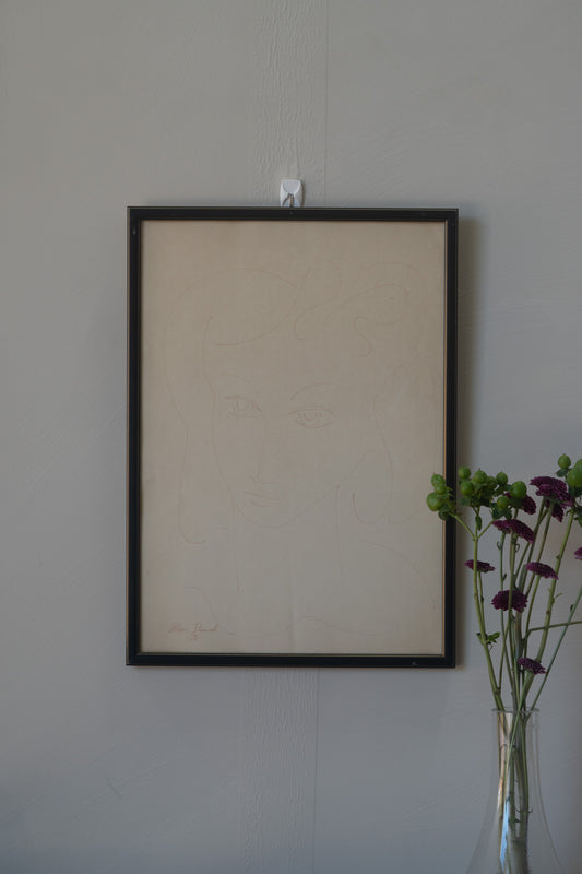 Minimalist line sketch of woman in frame, 1976