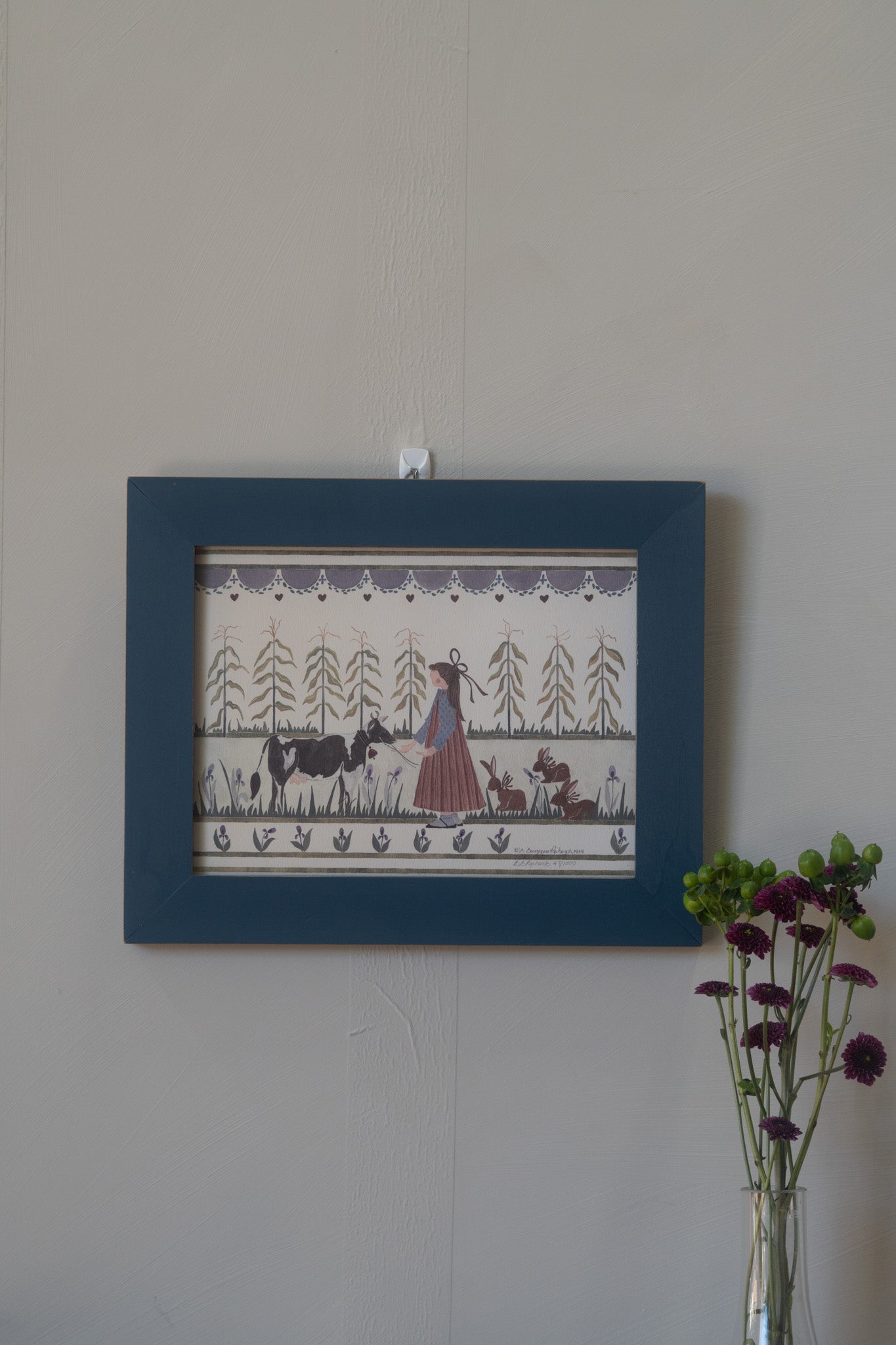 GORGEOUS Framed Folk Art of Girl & Cow