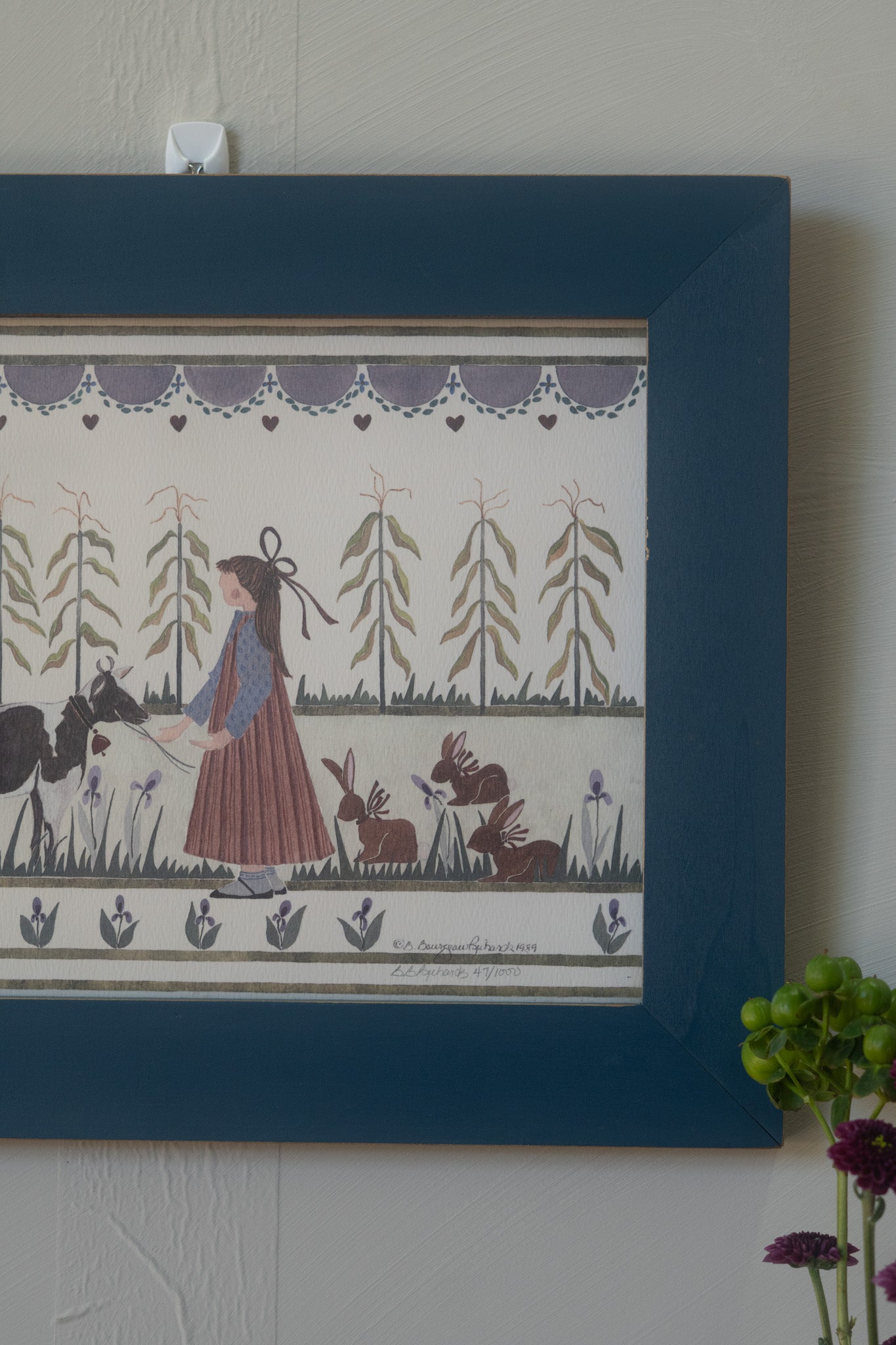 GORGEOUS Framed Folk Art of Girl & Cow