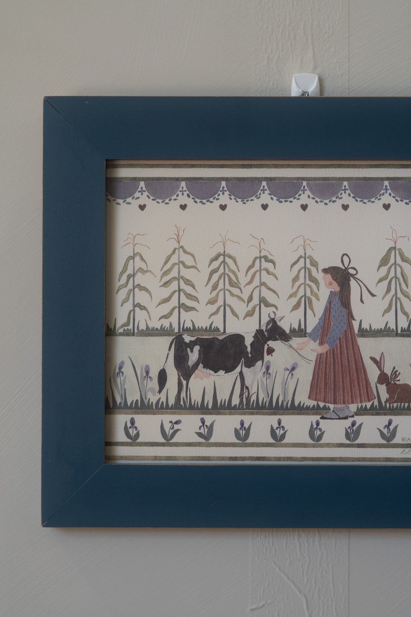 GORGEOUS Framed Folk Art of Girl & Cow