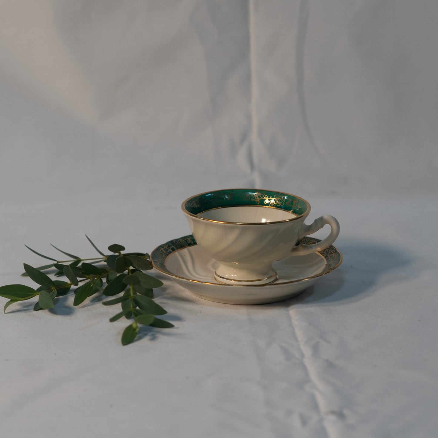 Unique Antique Teacup Green and White