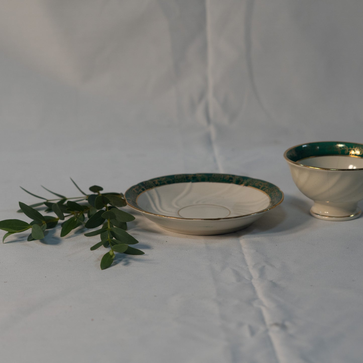 Unique Antique Teacup Green and White