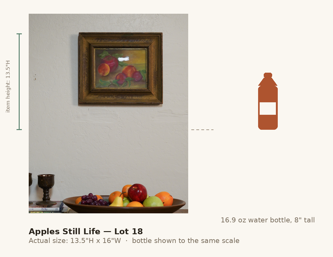 Apples Still Life — Lot 18, shown to scale next to a water bottle