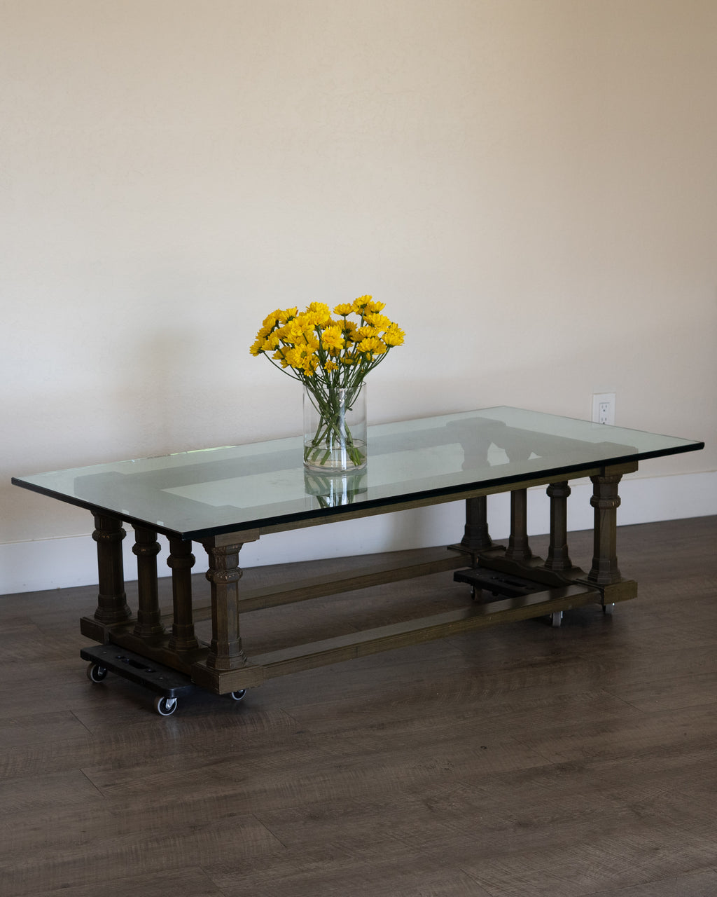 Vintage MCM Glass Coffee Table – Green Wood Base, Low Profile