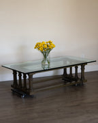 Vintage MCM Glass Coffee Table – Green Wood Base, Low Profile