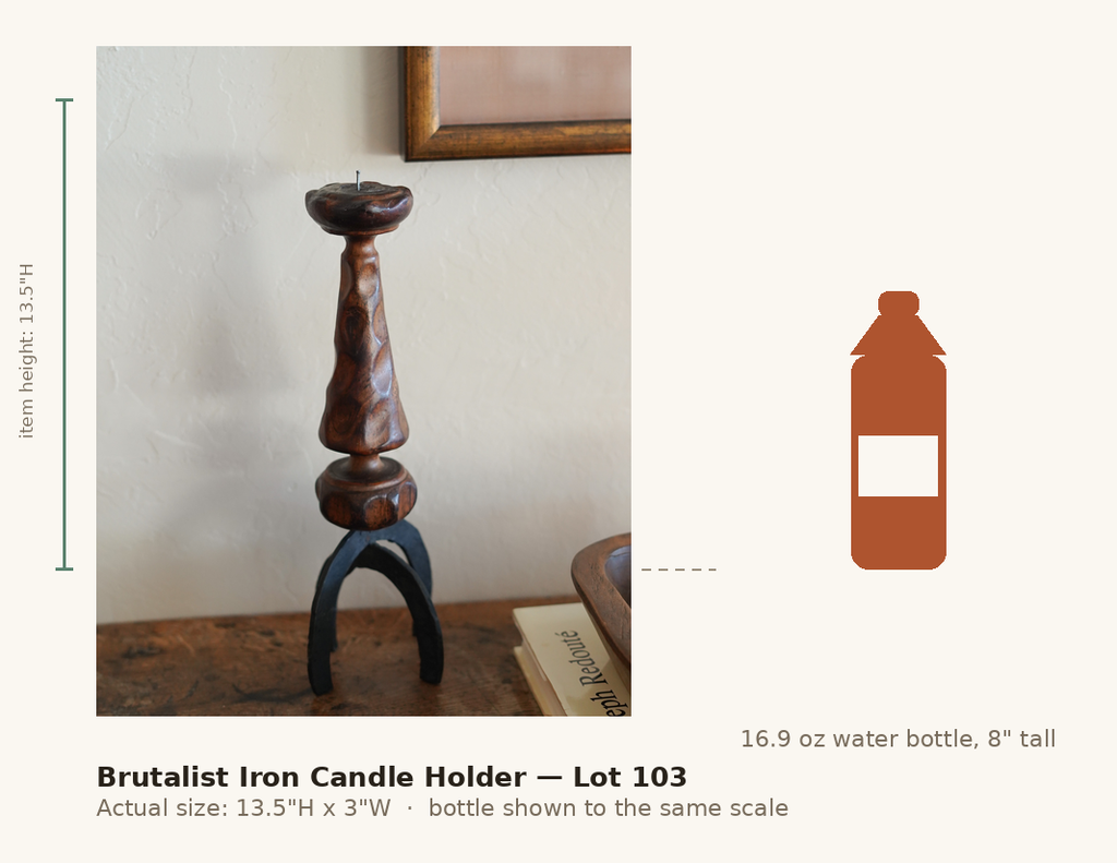 Brutalist Iron Candle Holder — Lot 103, shown to scale next to a water bottle
