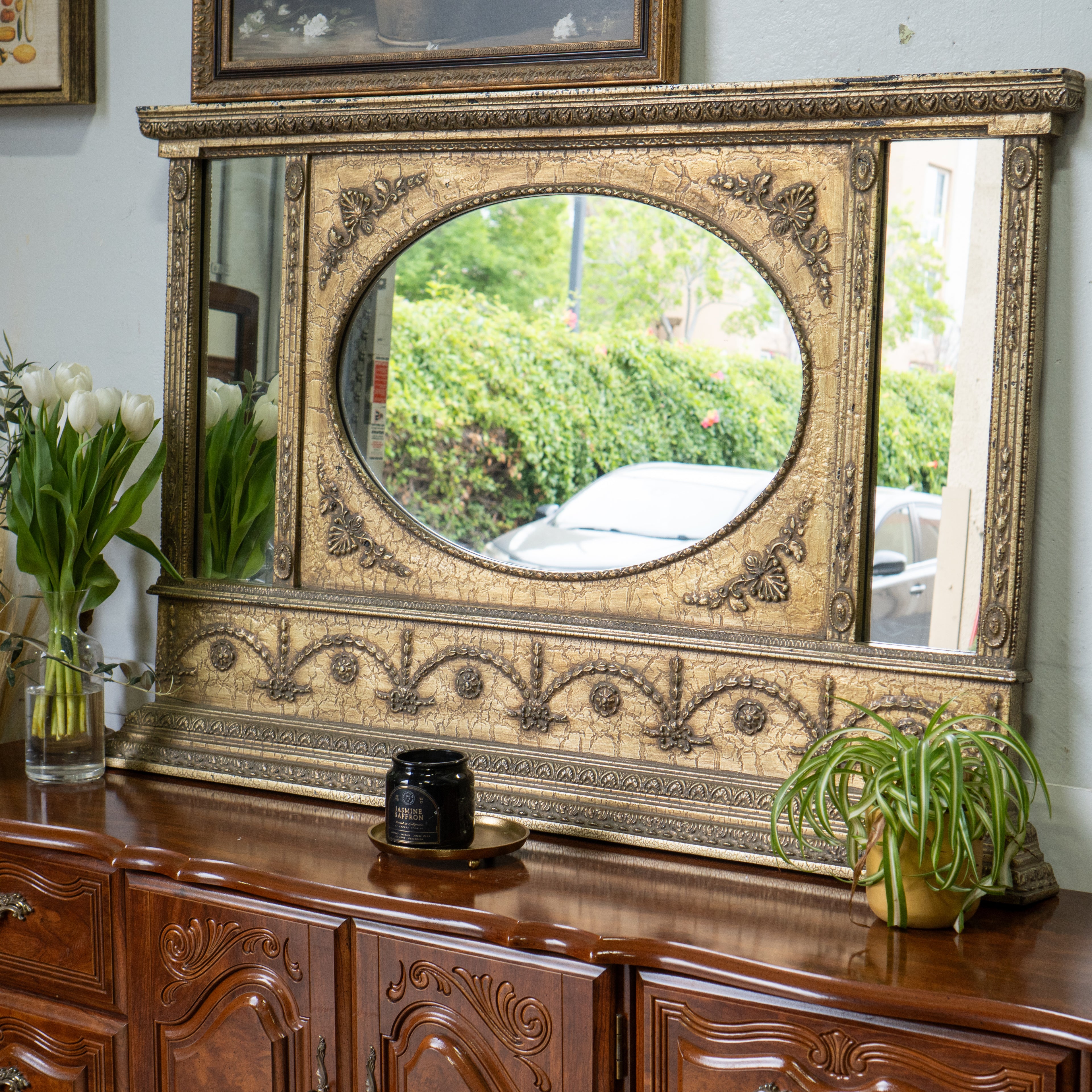 Vintage Windsor Art Decorative Wall Mirror | Gold Ornate Frame | Oval Center | Made in California