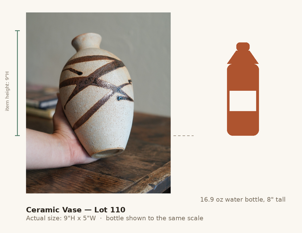 Ceramic Vase — Lot 110, shown to scale next to a water bottle