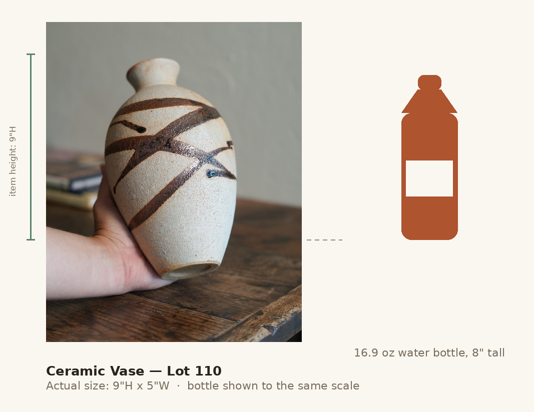 Ceramic Vase — Lot 110, shown to scale next to a water bottle