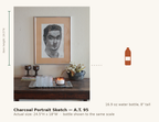 Charcoal Portrait Sketch — A.T. 95, shown to scale next to a water bottle