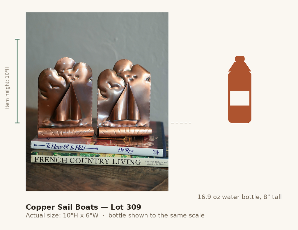 Copper Sail Boats — Lot 309, shown to scale next to a water bottle