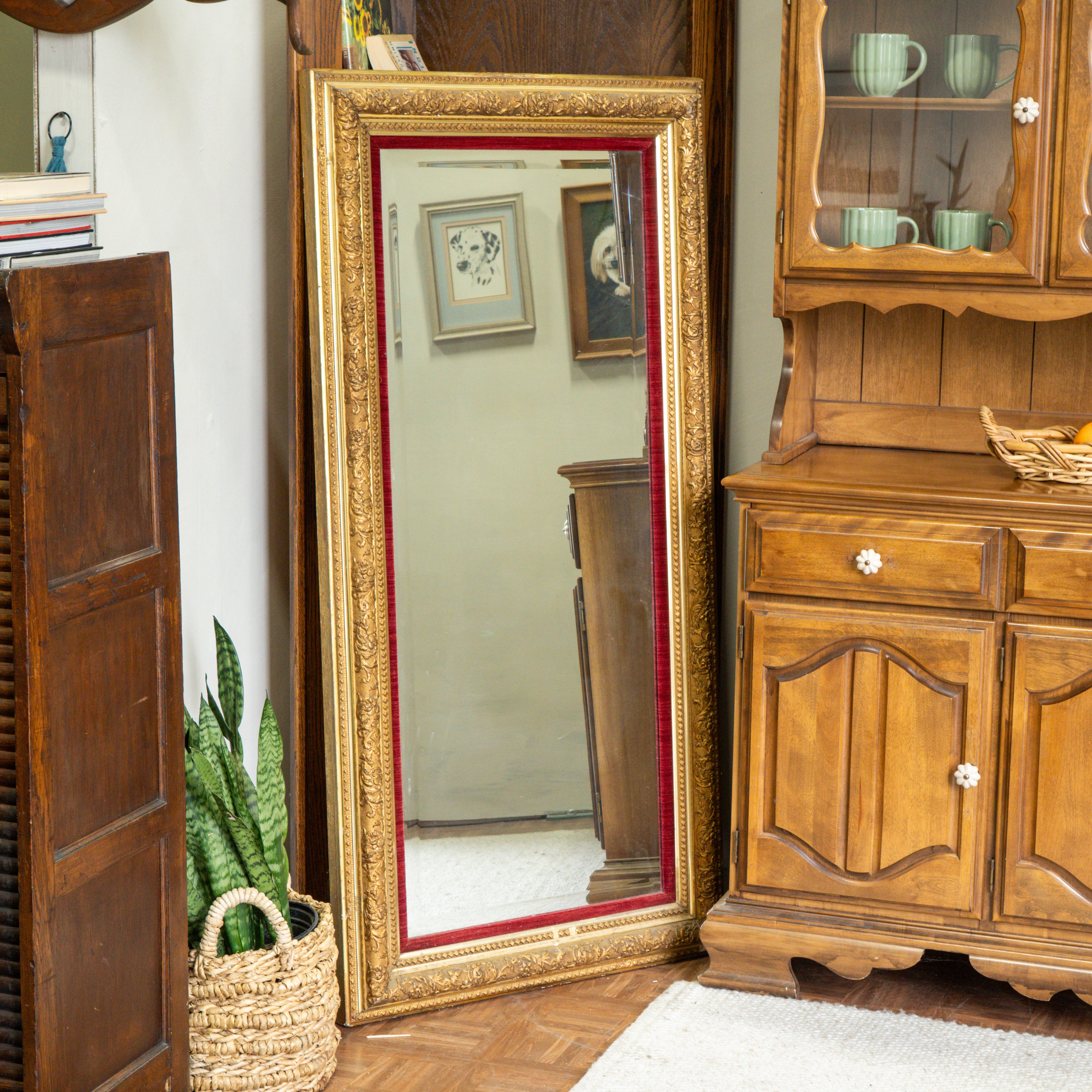 Vintage Gold Gilded Full-Body Mirror | Red Velvet Frame | Hollywood Regency Glam Decor