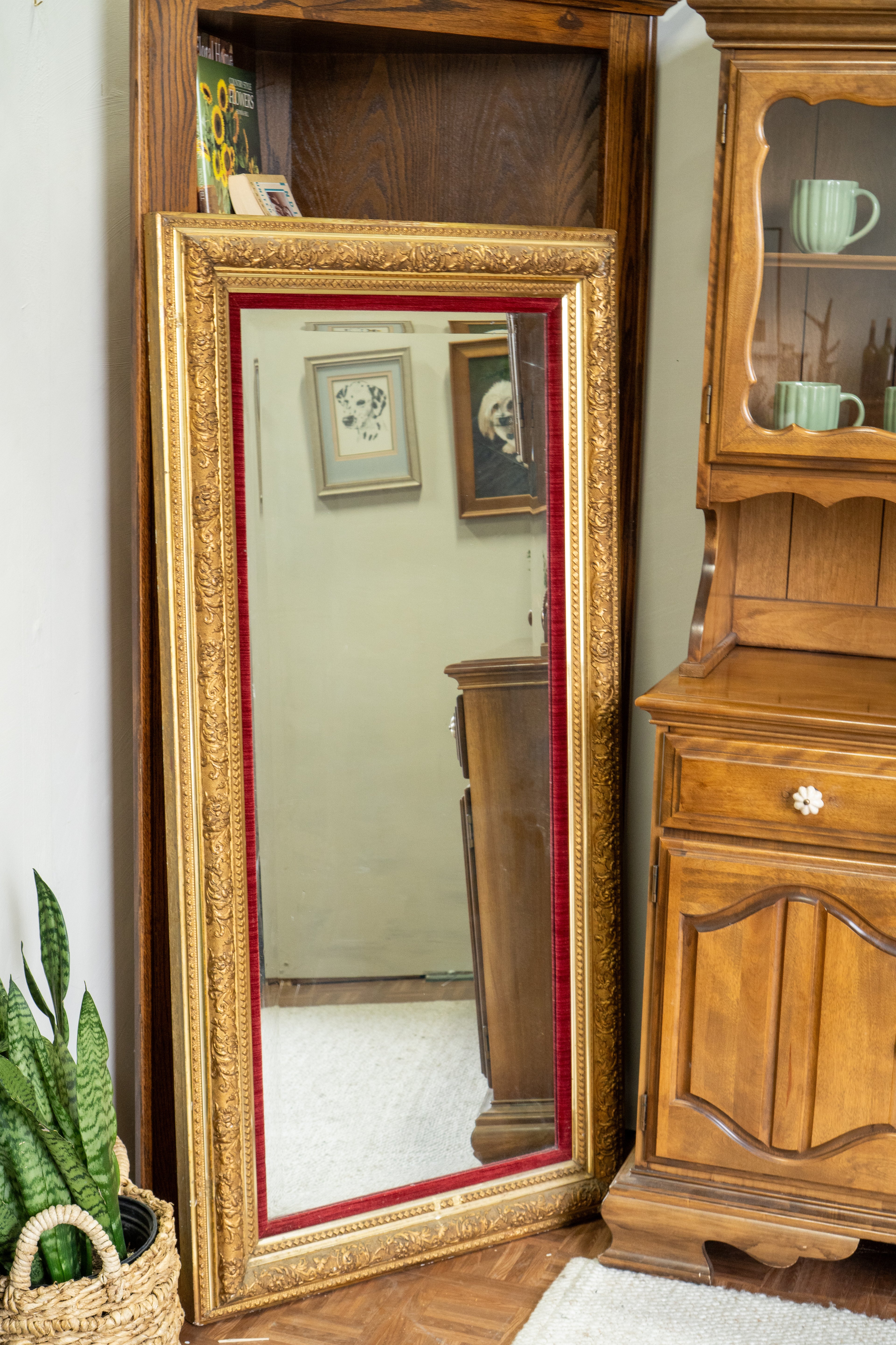 Vintage Gold Gilded Full-Body Mirror | Red Velvet Frame | Hollywood Regency Glam Decor