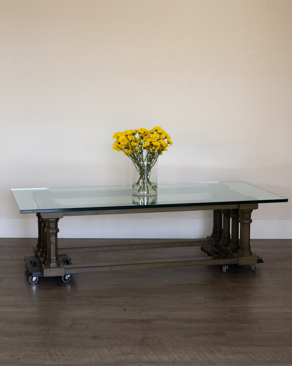 Vintage MCM Glass Coffee Table – Green Wood Base, Low Profile