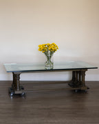 Vintage MCM Glass Coffee Table – Green Wood Base, Low Profile