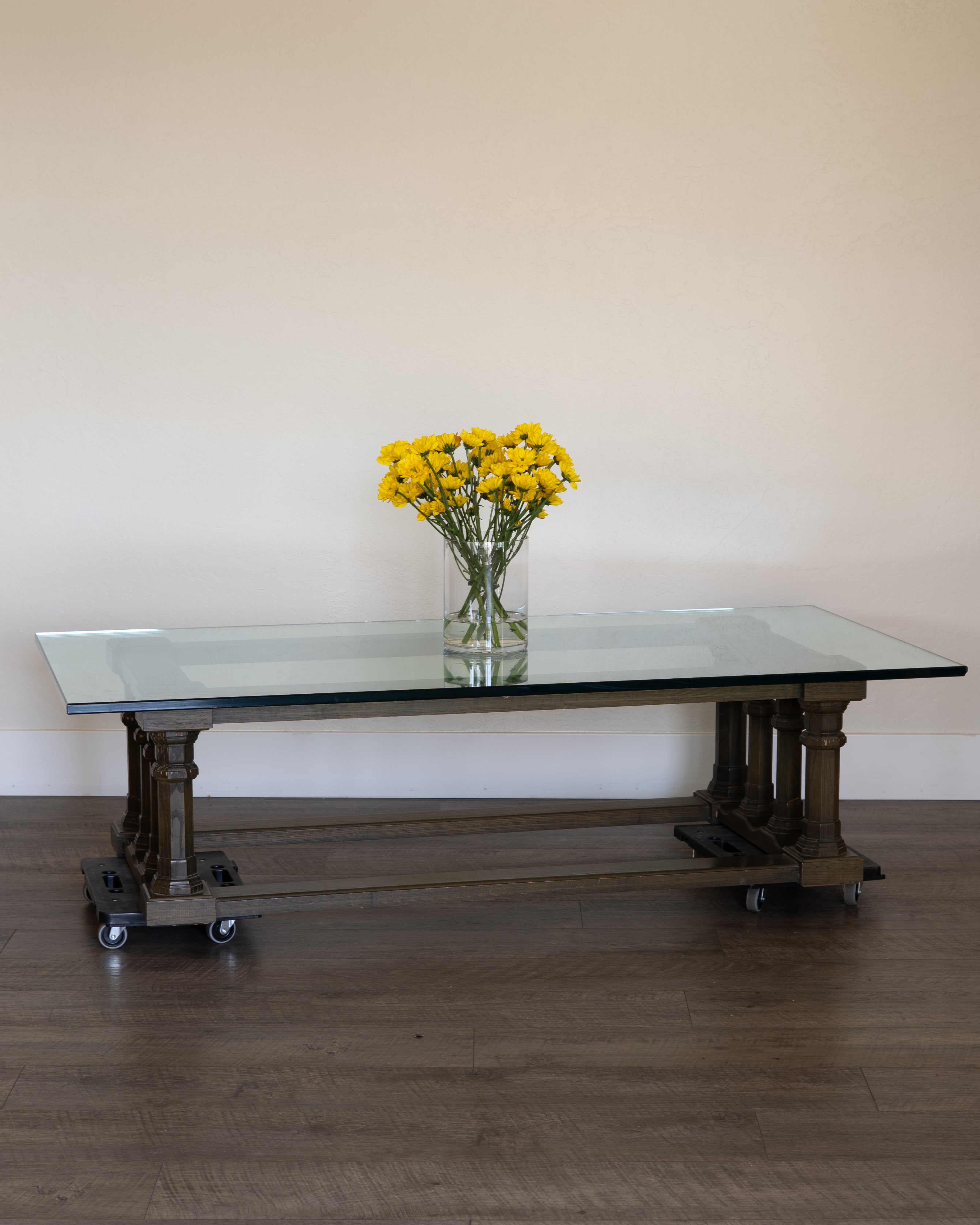 Vintage MCM Glass Coffee Table – Green Wood Base, Low Profile