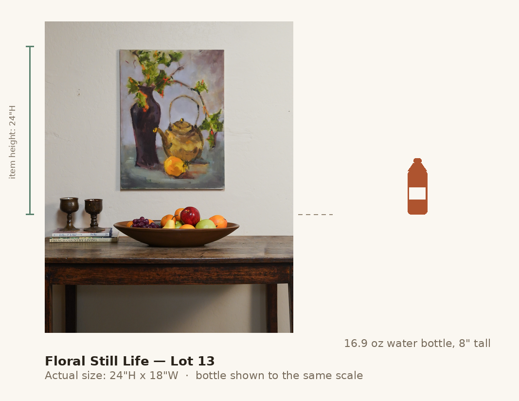 Floral Still Life — Lot 13, shown to scale next to a water bottle