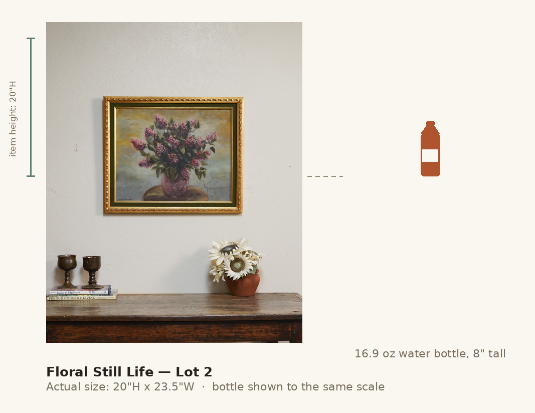 Floral Still Life — Lot 2, shown to scale next to a water bottle