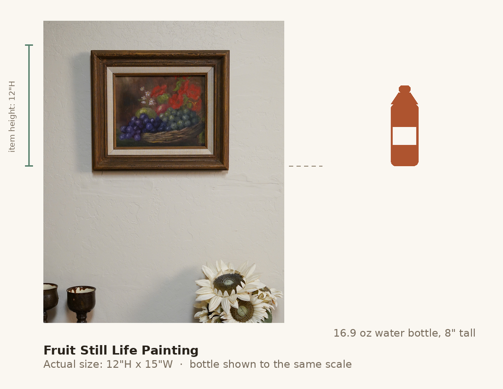 Fruit Still Life Painting, shown to scale next to a water bottle