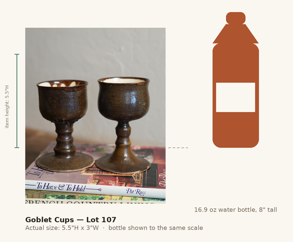 Goblet Cups — Lot 107, shown to scale next to a water bottle