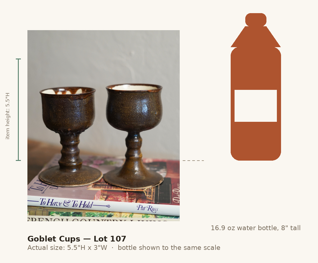Goblet Cups — Lot 107, shown to scale next to a water bottle