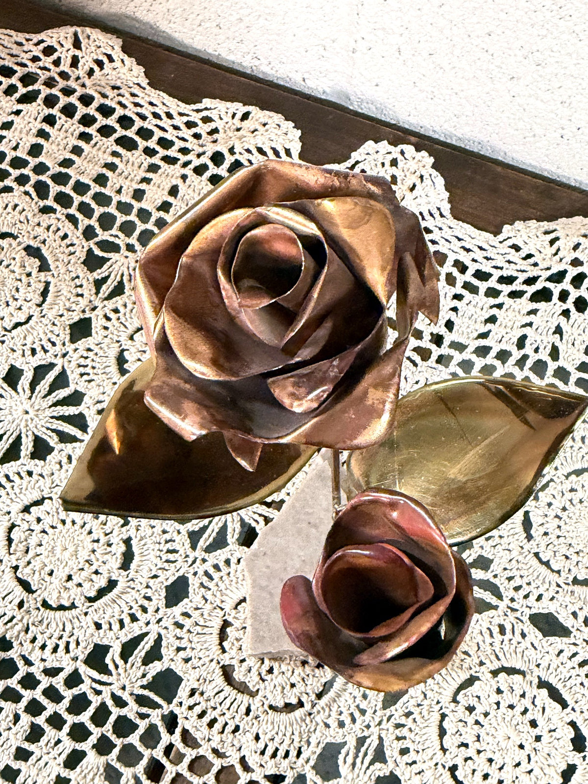 Vintage Copper and Brass Rose Sculpture, detail