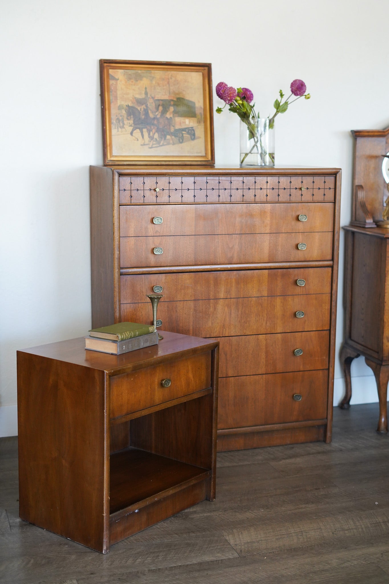 Vintage MCM Dresser with Matching Nightstand — Sold as a Set Only