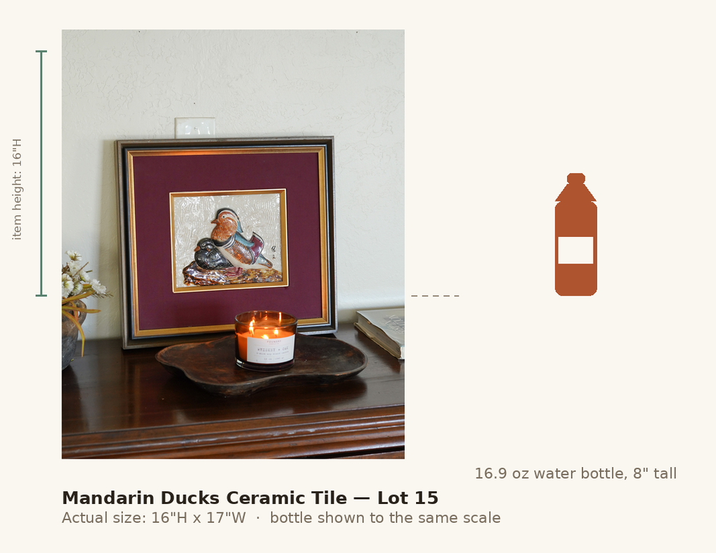 Mandarin Ducks Ceramic Tile — Lot 15, shown to scale next to a water bottle