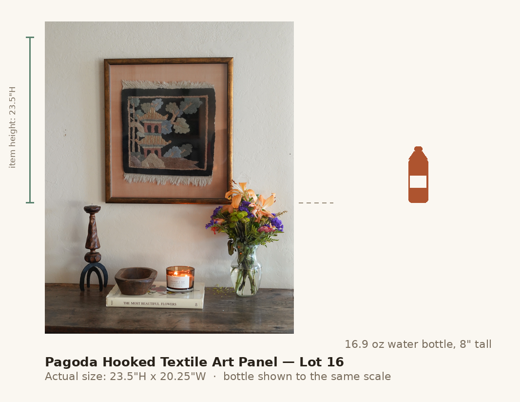 Pagoda Hooked Textile Art Panel — Lot 16, shown to scale next to a water bottle