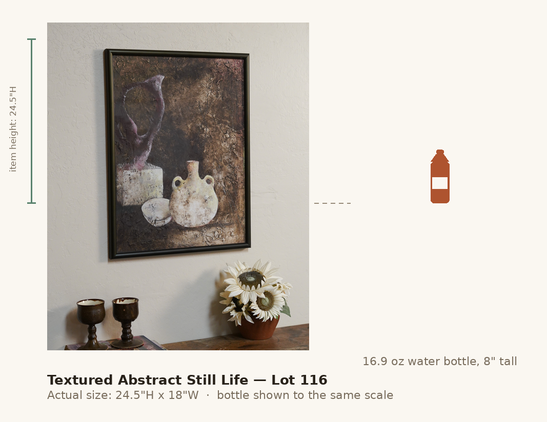 Textured Abstract Still Life — Lot 116, shown to scale next to a water bottle
