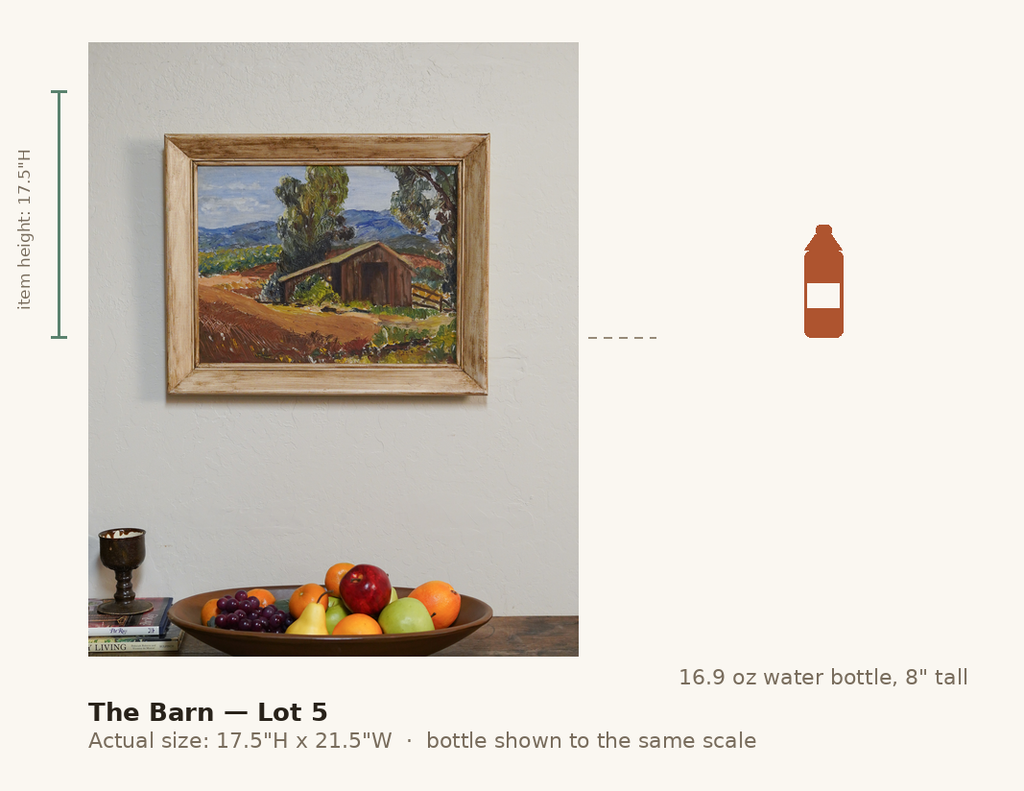 The Barn — Lot 5, shown to scale next to a water bottle