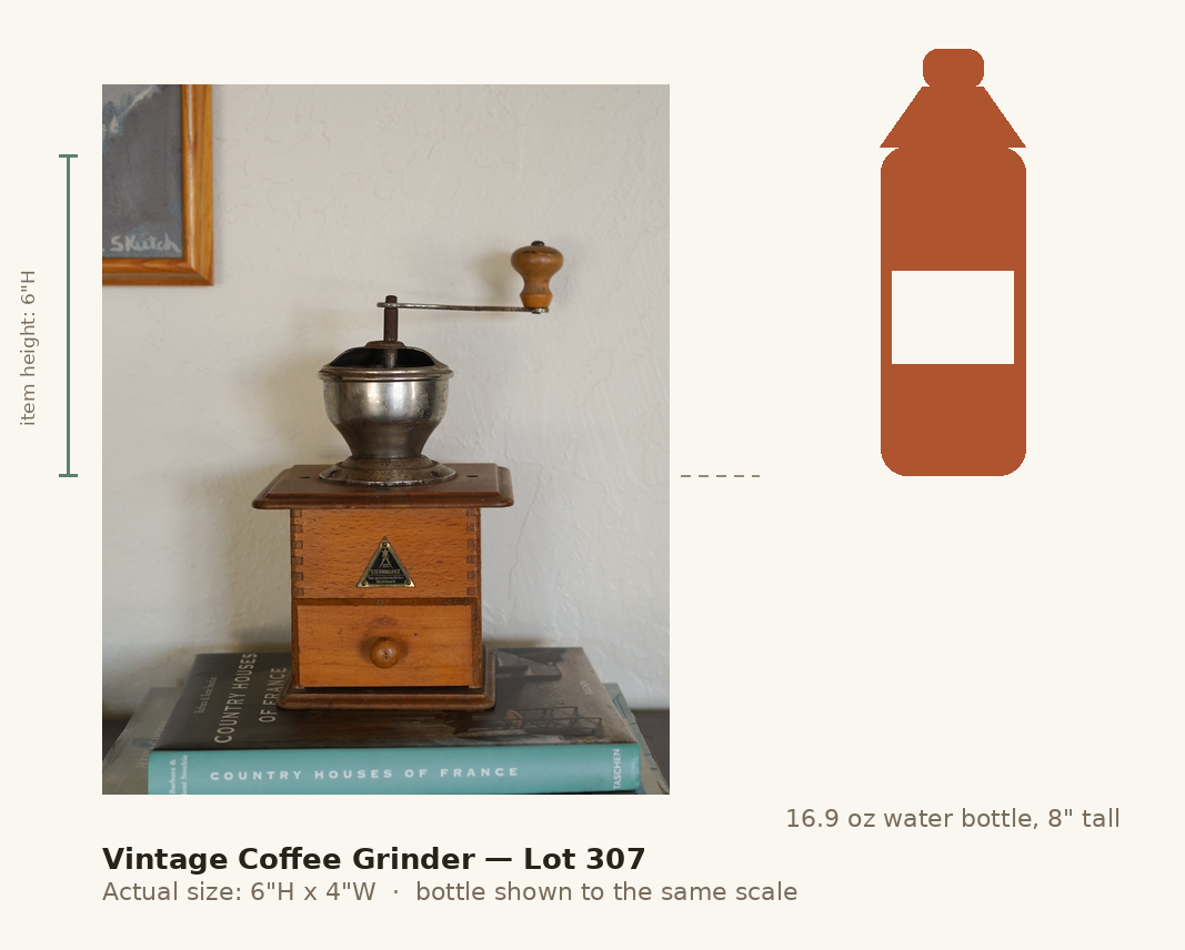Vintage Coffee Grinder — Lot 307, shown to scale next to a water bottle